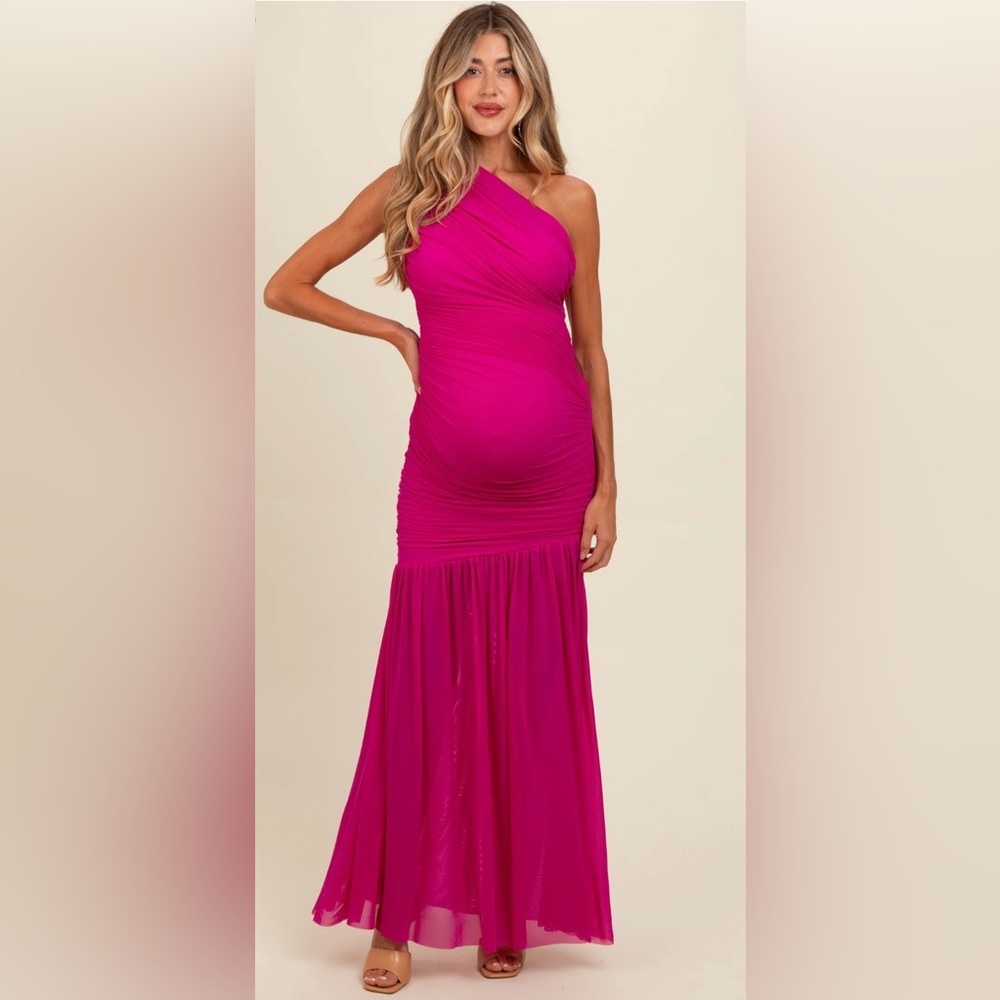 Magenta Ruched Mesh One Shoulder Maternity Maxi Dress